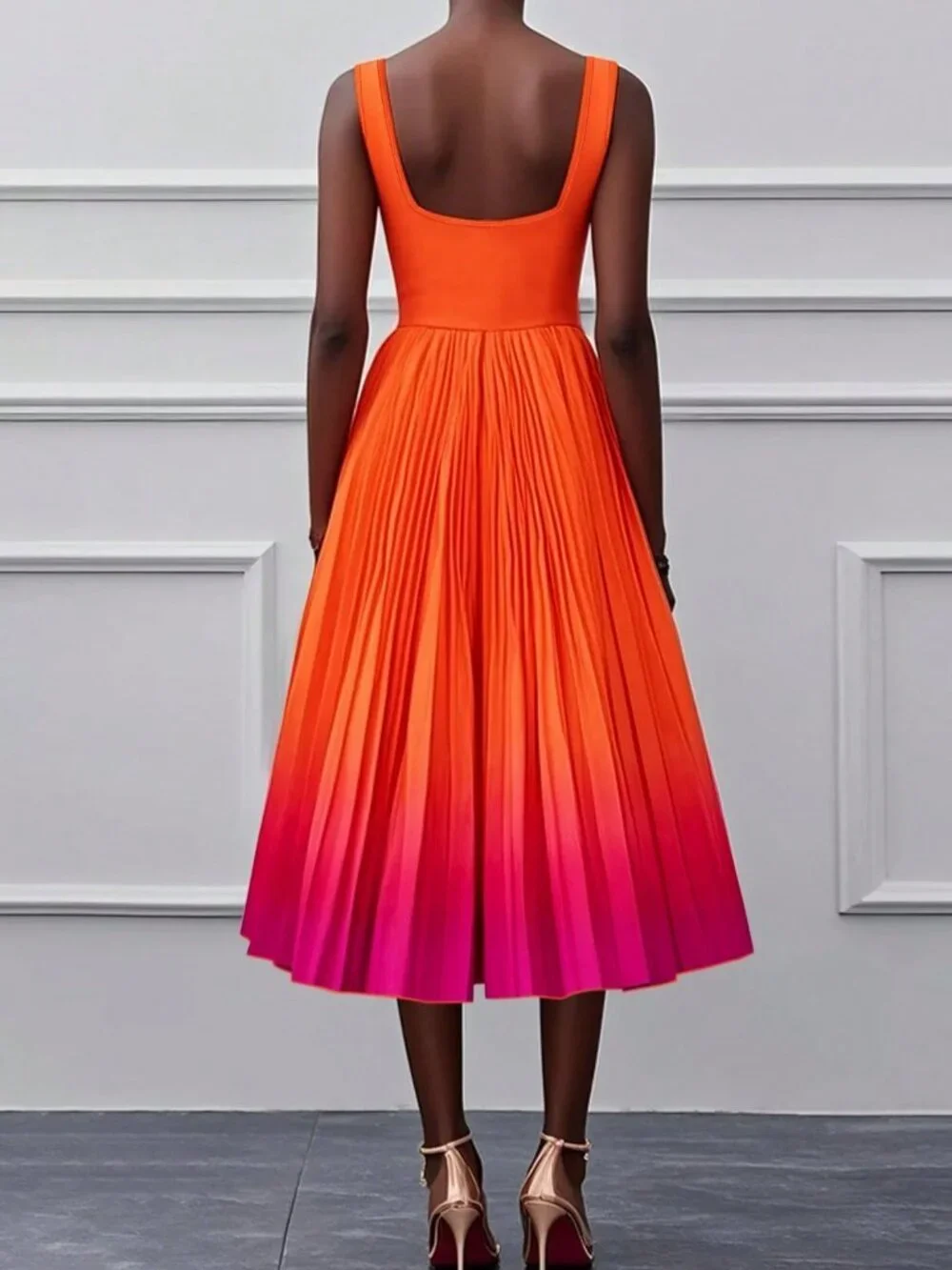 Orange Elegant Casual Women's Sleeveless Zipper Ombre Pleated Evening Dress - Picture 2 of 6